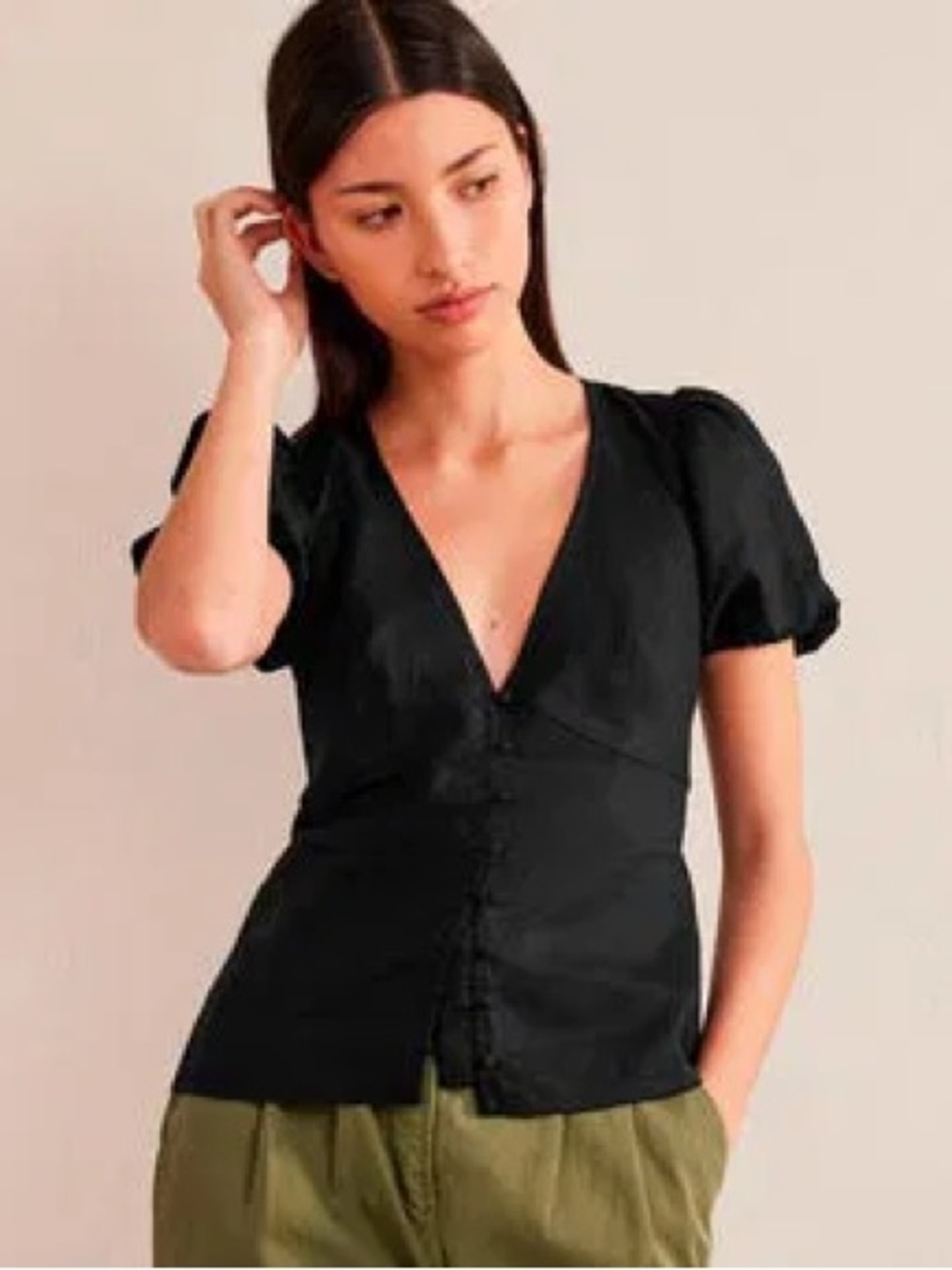 Boden Black Linen Puff Sleeve V-Neck Button Front Blouse Size US 10